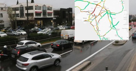 Δεν κουνιέται τίποτα: Απίστευτη κίνηση σε όλη την Αθήνα – Προβλήματα από τη βροχή και το χαλάζι